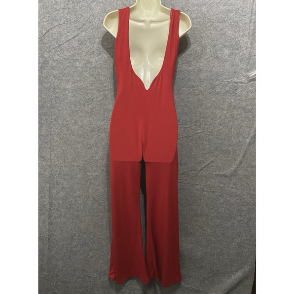 Oh Polly Jumpsuit Womens Sz 10‎ Red Plunge Back Wide Leg Stretch Sexy Party NWT - Picture 2 of 11